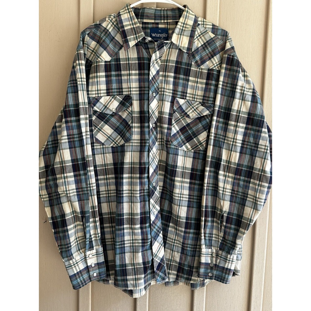 Men's Wrangler Western Rodeo Rock Pearl Snaps Long Sleeve Shirt XL Green Blue